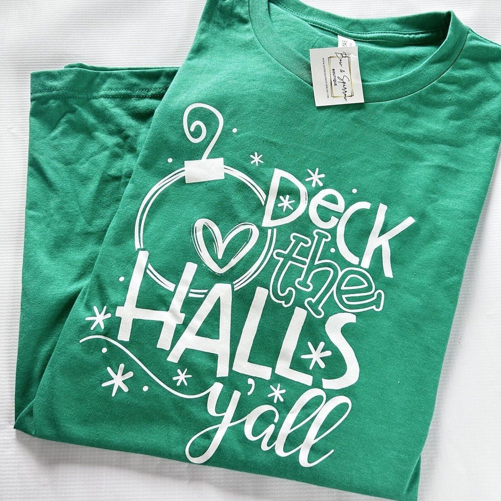 5/$25Handmade Bella Deck The Halls Y’all Christmas Green Short Sleeve Tee XL NWT